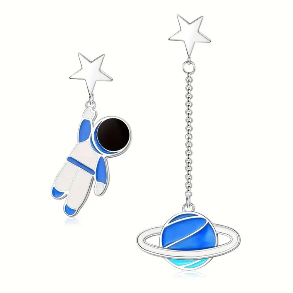 Sterling Silver Astronaut Planet Star Asymmetrical Dangle Earrings